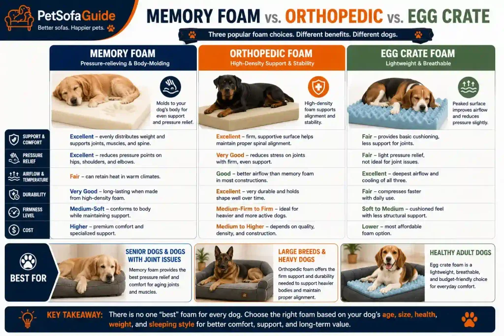 Memory foam vs orthopedic foam vs egg crate foam for dog sofa beds.