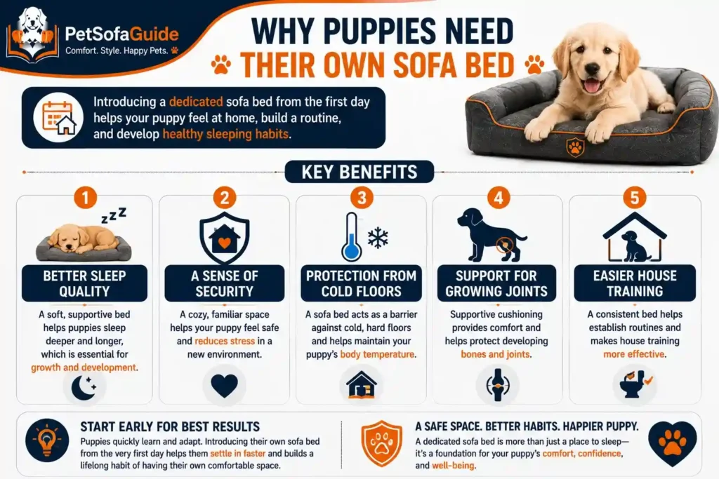 Why puppies benefit from having their own supportive sofa bed.